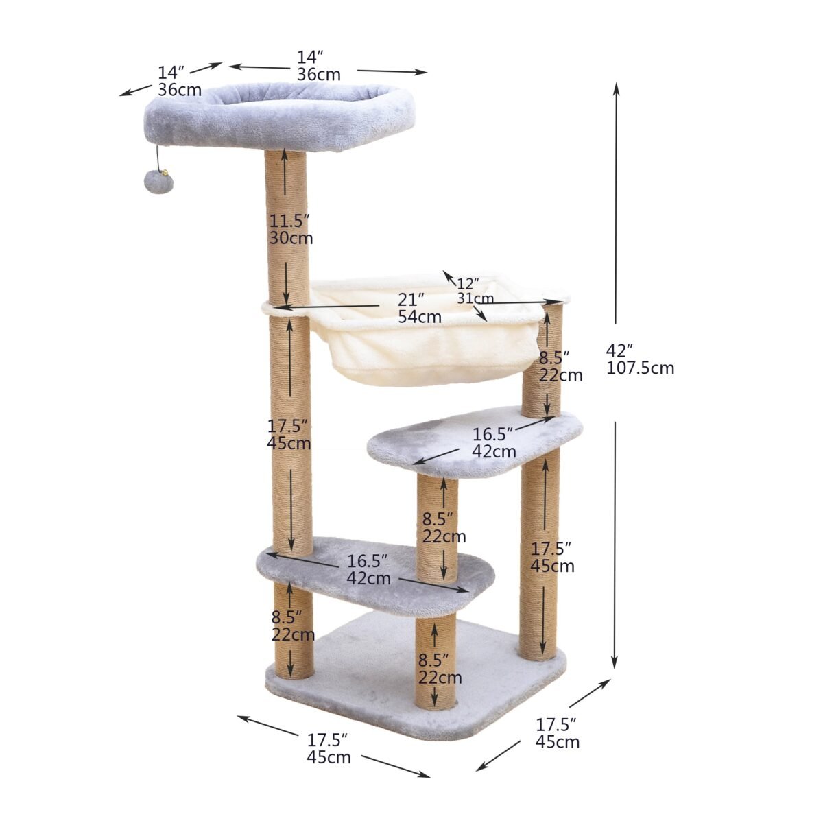 Oak 3-Level Cat Tree with Hammock, Perch, and Toy - Image 7